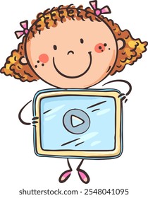 Cute cartoon girl holding a tablet. Doodle kid using gadget, children using electronic devices, digital technology. Isolated character, vector illustration