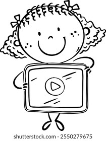 Cute cartoon girl holding a tablet. Outline doodle kid using gadget, children using electronic devices, digital technology
