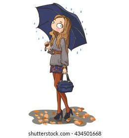 Cute cartoon girl holding umbrella in raining. character design. season concept - vector illustration