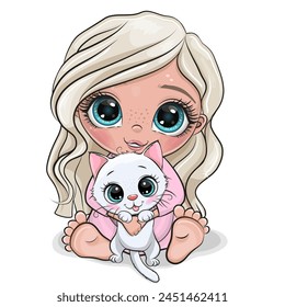 Cute cartoon girl holding a white kitten in her arms