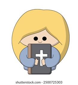 Cute cartoon girl holds bible in color
