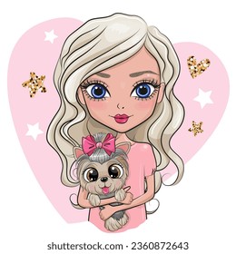 Cute cartoon girl holds a Yorkshire terrier in her arms