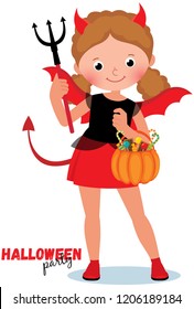 Cute cartoon girl in a holiday costume devil imp to Halloween vector illustration