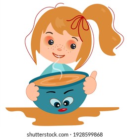 Cute cartoon girl with a huge cup of tea or coffee.. The baby is happy to drink her favorite drink. Funny mug with eyes. Children's emotions. Vector isolated on white background.