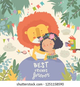Cute cartoon girl hugging the lion. Best friends