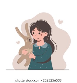 Cute cartoon girl hugs her bunny toy. Nice kid with a rabbit. Happy childhood flat illustration.