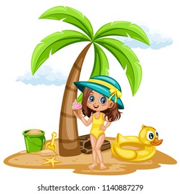 Cute Cartoon Girl with Ice Cream  on the Beach. Vector Illustration of a Young Smiling Female Character Standing on Seashore Near the Palm,  Rubber Duck Ring, Sand Bucket and Shovel