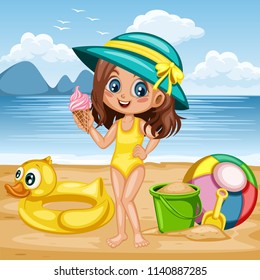 Cute Cartoon Girl with Ice Cream  on the Beach. Vector Illustration of a Young Smiling Female Character Standing on Seashore with  Rubber Duck Ring, Beach Ball, Sand Bucket and Shovel