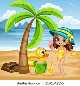 Cute Cartoon Girl with Ice Cream  on the Beach. Vector Illustration of a Young Smiling Female Character Standing on Seashore Near the Palm,  Rubber Duck Ring, Sand Bucket and Shovel