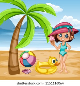 Cute Cartoon Girl with Ice Cream  on the Beach. Vector Illustration of a Young Smiling Female Character Standing on Seashore Near the Palm,  Rubber Duck Ring and Beach Ball