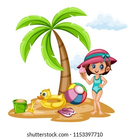 Cute Cartoon Girl with Ice Cream  on the Beach. Vector Illustration of a Young Smiling Female Character Standing on Seashore Near the Palm,  Rubber Duck Ring, Sand Bucket and Shovel, Ball and Slippers