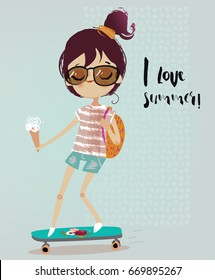 cute cartoon girl with ice cream and skateboard
