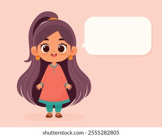cute cartoon girl illustration with empty speech buble for text flat vector