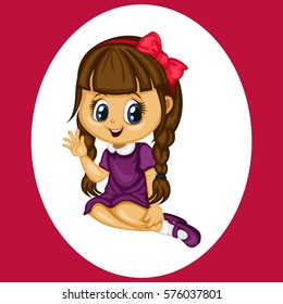 Cute Cartoon Girl Illustration Sitting On The Floor And Waving