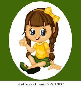 Cute Cartoon Girl Illustration Sitting on the Floor and Showing a Thumb Up