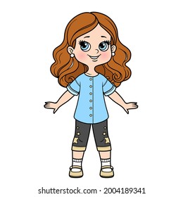 Cute cartoon girl inin a long tunic and breeches with star applique color variation for coloring page on a white background