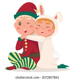 Cute cartoon girl in kigurumi rabbit costume hugs elf boy. christmas character. isolated on white background