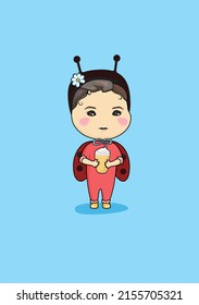 Cute cartoon girl in ladybird costume with ice cream in a cup on a pale blue background. You can use the print for notepads, cards, mugs, eco bags and T-shirts.