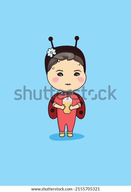 Cute cartoon girl in ladybird\
costume with ice cream in a cup on a pale blue background. You can\
use the print for notepads, cards, mugs, eco bags and\
T-shirts.