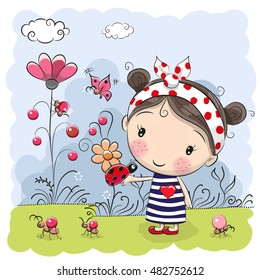 Cute Cartoon Girl with ladybug on a meadow