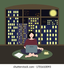 Cute cartoon girl with a laptop sitting on the floor. Work at home. Vector illustration for design. City life.