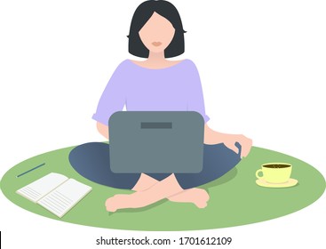 Cute cartoon girl with a laptop sitting on the floor. Work at home. Vector illustration for design