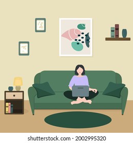 Cute cartoon girl with a laptop sitting on the sofa. Work at home. Vector illustration for design