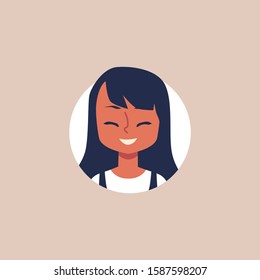 Cute cartoon girl laughing and smiling - isolated flat portrait inside circle frame. Happy little child avatar with tan skin and black hair - vector illustration