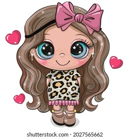 Cute Cartoon Girl con vestido de estampado de leopardo con arco