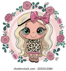 Cute Cartoon Girl in a leopard print dress with bow in a flowers frame