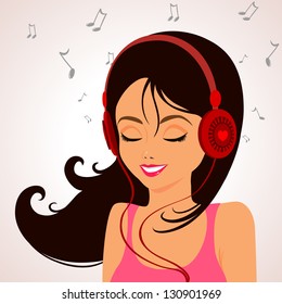 Cute cartoon girl listening to music on headphones