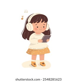Cute cartoon girl listening to music on tablet with headphones. Flat vector illustration isolated on white background
