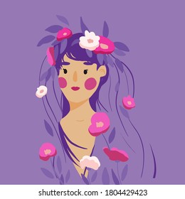 Cute cartoon girl with long hair and flowers wreath. Dots eyes and cheeks. Vector illustration