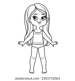 Cute cartoon girl with long haircut dressed in underwear and barefoot with outline for coloring on a white background