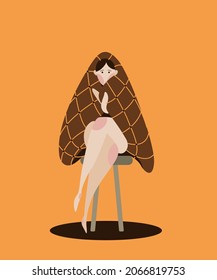 Cute cartoon girl with long lags is wrapped in a blanket sitting on a stool. Illustration with autumn mood and colors. Brown quilt with orange strips.