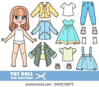 Cute cartoon girl with long straight hair with dressed and clothes separately doll for dressing. Image produced without the use of any form of AI software at any stage.