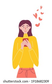 Cute cartoon girl is looking at her mobile phone and enjoys a lot of likes on social networks. Girl communicates with friends on the phone Hand drawn vector illustrations.