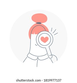 Cute cartoon girl is looking looks through a magnifying glass with a heart instead of a lens. Find love, dating, like or passionate about something. Flat line vector on white background