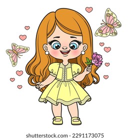 Cute cartoon girl in lush dress with a peony in hand color variation for coloring page on white background