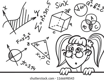 Cute cartoon girl and math and geometry formulas and problems on chalkboard. Education vector illustration