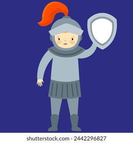 Cute cartoon girl in a medieval costume with a shield. Vector illustration.
