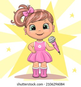 Cute cartoon girl with a microphone sings a song. Vector illustration with a big yellow star in the background.