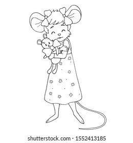 Cute cartoon girl mouse hugging a plush toy. Isolated object on white background. White and black vector illustrations for coloring book.
