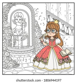 Cute cartoon girl with notebook and writing pen near fountain Cupid with a jug rose outlined for coloring