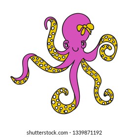 Cute cartoon girl octopus character. Isolated pink marine happy baby animal with yellow palps on white background fro kids apparel. Children illustration of underwater smiling character 