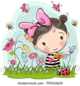 Cute Cartoon Girl on a meadow with flowers and butterflies