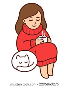 Cute cartoon girl in oversized red sweater holding cup hot tea  and sleeping cat  Cozy scene illustration  simple vector drawing 