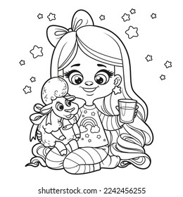 Cute cartoon girl in pajamas with soft toy sheep and glass of milk outlined for coloring page on a white background