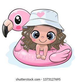 Cute cartoon Girl in panama hat swimming on pool ring inflatable flamingo