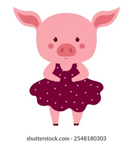 cute cartoon girl pig in red dress, animal character isolated on white background, flat style